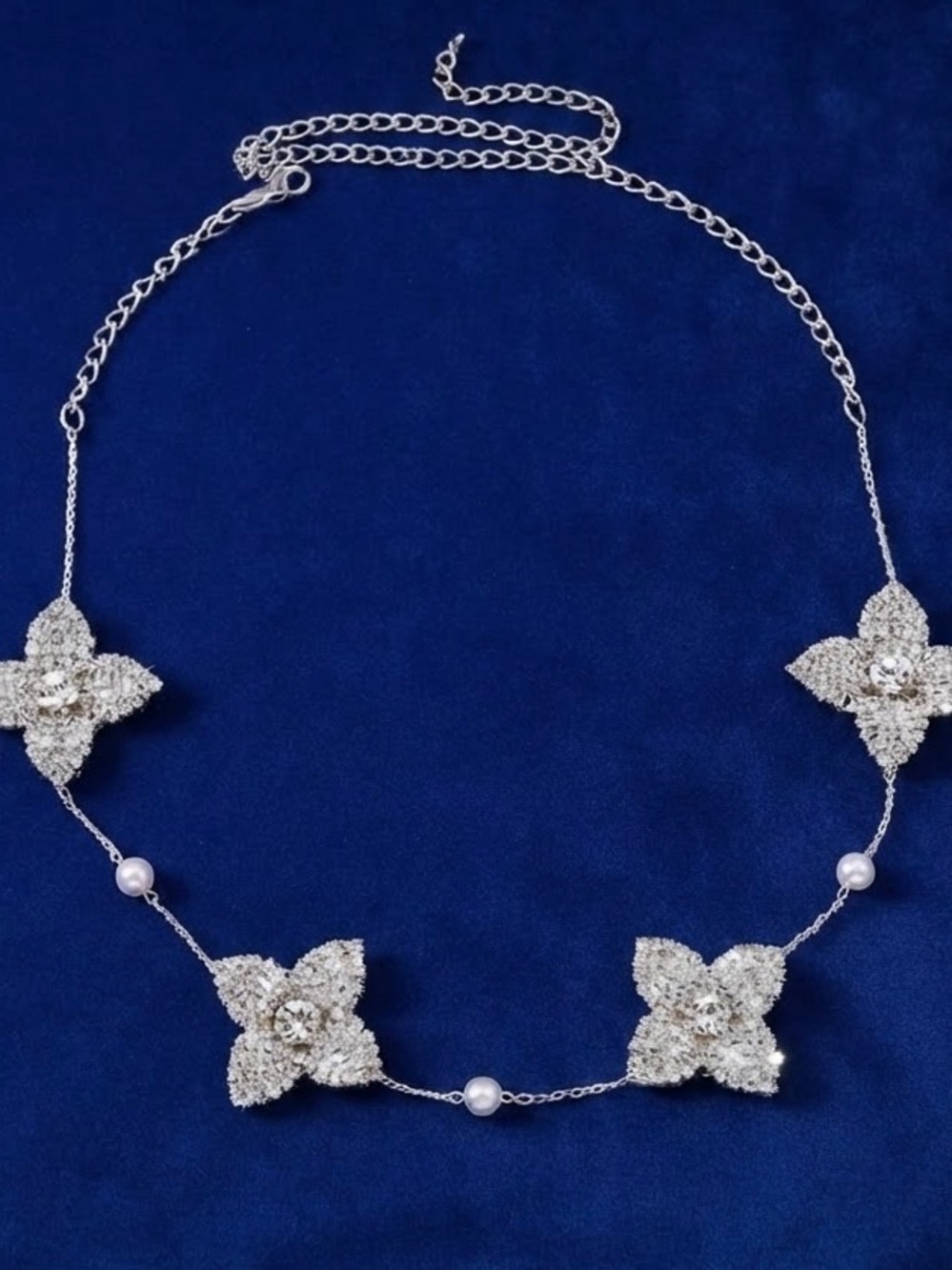 Silver Tone Crystal Floral Necklace with Faux Pearls